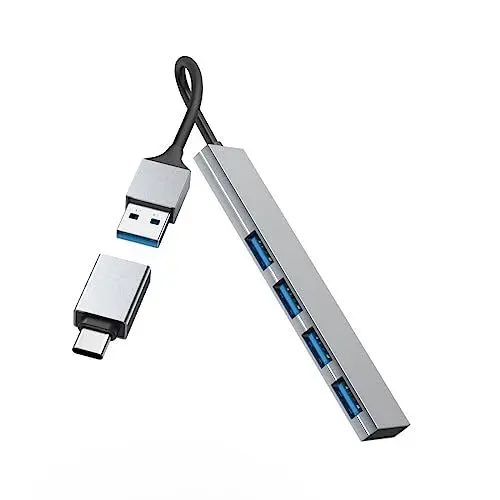 Produktbild: Hama USB-Hub 4 Ports (USB-A und USB-C-Anschluss, 4X USB-A für Maus, Tastatur, Externe Festplatte, USB-Stick etc., Aluminium-Gehäuse, Ultra Slim, USB-Adapter für Büro, Home Office)