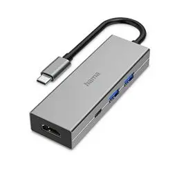 Produktbild: Hama USB C Hub 4 Ports (Multiport Adapter 1x HDMI 4K Ultra HD für Monitor oder Beamer, 2X USB-A, 1x USB-C zur Übertragung von Daten und zum Laden mit PD, USB C Adapter 4in1 für Büro, Homeoffice) Alu