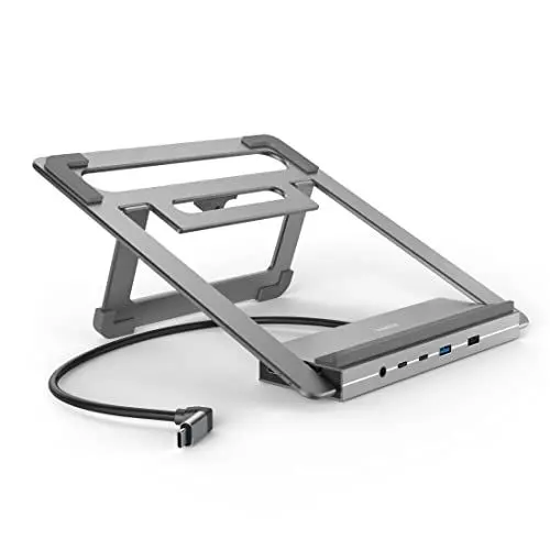 Produktbild: Hama USB C Hub Docking Station mit Laptop-Ständer 12 Ports (4X USB A, 2X HDMI, 3X USB-C, 1x DisplayPort, 1x LAN/Ethernet, 1x 3,5mm Klinke, USBC Hub 12in1 Notebook Stand für Büro oder Home Office)