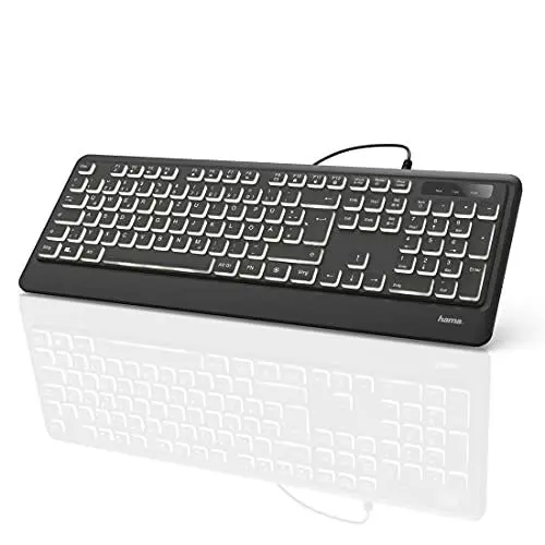 Produktbild: Hama Beleuchtete Tastatur mit Kabel KC-550 QWERTZ (USB Tastatur, kabelgebundene Tastatur, Wired Keyboard, Multimedia Tasten für Windows 10/8/7/Vista/XP, deutsches QWERTZ Layout) Schwarz Normal