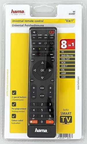 Produktbild: Hama Universalfernbedienung 8 in 1 Smart TV (bis zu 8 Geräte steuern, alle gängigen Marken, Receiver, Set Top Box, DVD, Verstärker, Ersatzfernbedienung, schnell programmierbar) schwarz