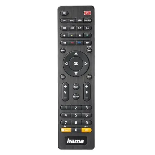 Produktbild: Hama Universalfernbedienung TV, für 4 Geräte (Infrarot, smarte Taste, 10m Reichweite, ideal z.B. für TV, DVD Player, Videorekorder, Receiver, Set Top Boxen, vorprogrammiert) schwarz