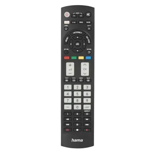 Produktbild: Hama Universalfernbedienung für Panasonic TVs (Infrarot, lernfähig, leuchtende Tasten, smarte Taste, Easy Mode Funktion, ergonomische Haupttasten, 10m Reichweite) schwarz