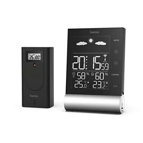 Produktbild: Hama Wetterstation Funk mit Außensensor „Black Line“ (mit Wettervorhersage, misst Innen- und Außentemperatur, Thermometer, Hygrometer, Frostalarm, DCF Funkuhr, Wecker) schwarz