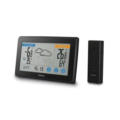 Produktbild: Hama Wetterstation Funk mit Außensensor „Touch“ (mit Wettervorhersage, misst Luftfeuchtigkeit, Innen- und Außentemperatur, Thermometer, Hygrometer, DCF Funkuhr, Datum) schwarz