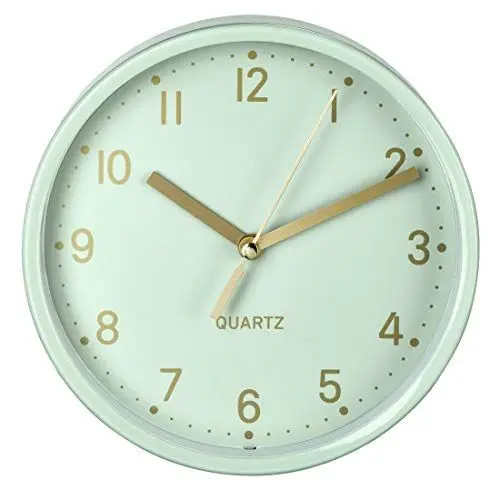Produktbild: Hama analoge Wanduhr inkl. Batterie (geräuscharme Uhr ohne Ticken, batteriebetriebene Tischuhr mit Standfuß und schleichendem Sekundenzeiger, zum Hängen und Stellen, 16 cm rund) Mint, Gold