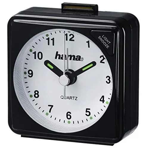 Produktbild: Hama analoger Wecker inkl. Batterie (batteriebetriebener Reisewecker mit schneller werdendem Alarm und Schlummerfunktion, Wecker mit Licht, fluoreszierender Stunden- und Minutenzeiger) schwarz