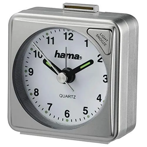 Produktbild: Hama analoger Wecker inkl. Batterie (batteriebetriebener Reisewecker mit schneller werdendem Alarm und Schlummerfunktion, Wecker mit Licht, fluoreszierender Stunden- und Minutenzeiger) Silber