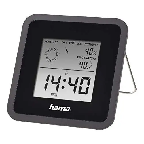Produktbild: Hama digitale Wetterstation (Raumthermometer, Hygrometer, digitale Anzeige von Temperatur, Luftfeuchtigkeit, Uhrzeit und Raumluft) Schwarz