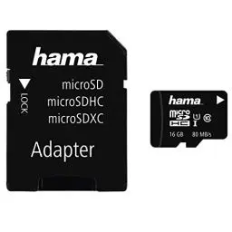 Produktbild: Hama microSDHC 16GB Class 10 UHS-I 80MB/s Karte inkl. SD Adapter, Schwarz
