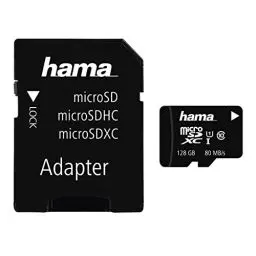 Produktbild: Hama microSDXC Karte (128GB, Class 10, UHS-I, 80MB/s, inkl. SD Adapter für Foto)