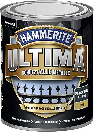 Produktbild: Hammerite Ultima Matt, Metallschutzlack, Hochwertiger Schutzlack für alle Metalle im Außenbereich, Anthrazitgrau RAL7016, 750 ml