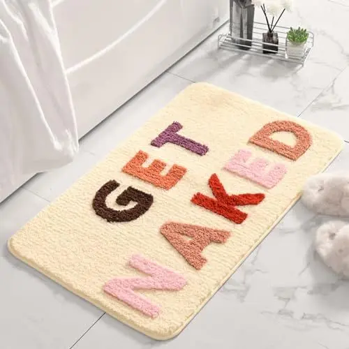 Produktbild: HAMON Badteppich 50 * 80cm, Get Naked Badematte, Boho Badezimmerteppich rutschfeste Badematte Bunte Buchstaben Beige Duschvorleger für Badezimmer Wohnzimmer Schlafzimmer Küche Eingangsbereich