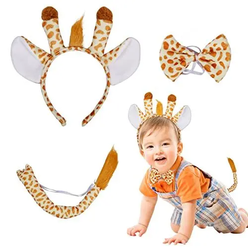 Produktbild: HAMOOM 3 Stück Giraffe Kostüm Kinder Karneval Kostüm Set Giraffe Verkleidungsset Tierkostüm Giraffe Haarband Stirnband Schwanz Fliege Giraffe Cosplay für Karneval Fasching Halloween Party Zubehör