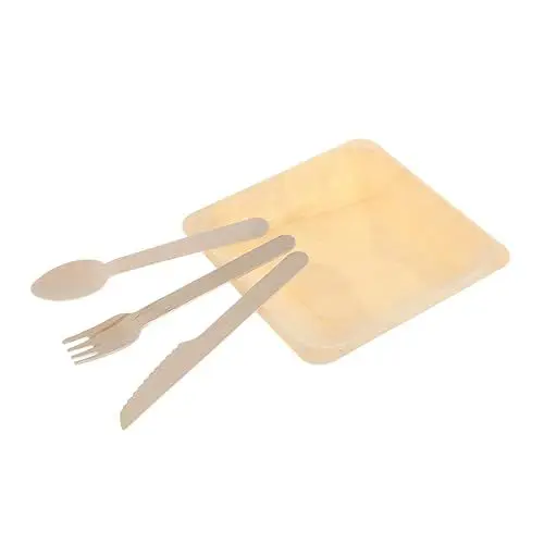 Produktbild: HAMPPLIES 48stücke Holzgabel Set Einweggeschirr Holzlöffel Salatgabel Holzgeschirr Einwegteller Löffel Gabeln Messer Partyzubehör Dessertteller