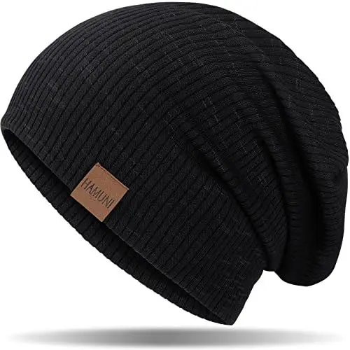 Produktbild: HAMUNI Mütze Damen Slouch Beanie Mütze Herren Elastisch Weich Bequem Jersey Mütze Klassische Mode Longbeanie perfekt für Frühling Herbst und Winter (Schwarz)
