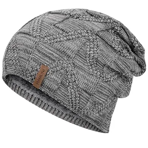 Produktbild: HAMUNI Mütze Damen - Atmungsaktiv Strickmütze Herren - Slouch Beanie Mütze mit Weichem Fleece Innenfutter - Unisex Wintermütze - Klassische Herren Damen Mütze für Herbst Winter Frühjahr (Hellgrau)
