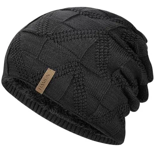 Produktbild: HAMUNI Mütze Damen - Atmungsaktiv Strickmütze Herren - Slouch Beanie Mütze mit Weichem Fleece Innenfutter - Unisex Wintermütze - Klassische Herren Damen Mütze für Herbst Winter Frühjahr (Schwarz)