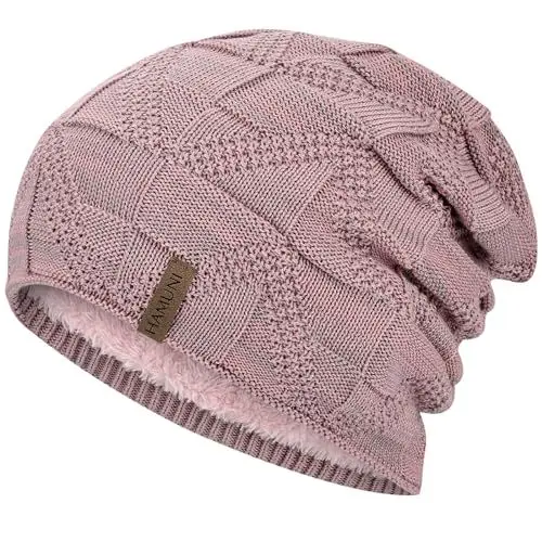 Produktbild: HAMUNI Mütze Damen - Atmungsaktiv Strickmütze Herren - Slouch Beanie Mütze mit Weichem Fleece Innenfutter - Unisex Wintermütze - Klassische Herren Damen Mütze für Herbst Winter Frühjahr (Rosa)