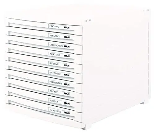Produktbild: HAN Schubladenbox CONTUR mit 10 flachen geschlossenen Schubladen bis Format B4, inkl. Auszugsperre, inkl. Beschriftungsschildern, Gummifüße, modular erweiterbares Schubladensystem, 1510-12, weiß