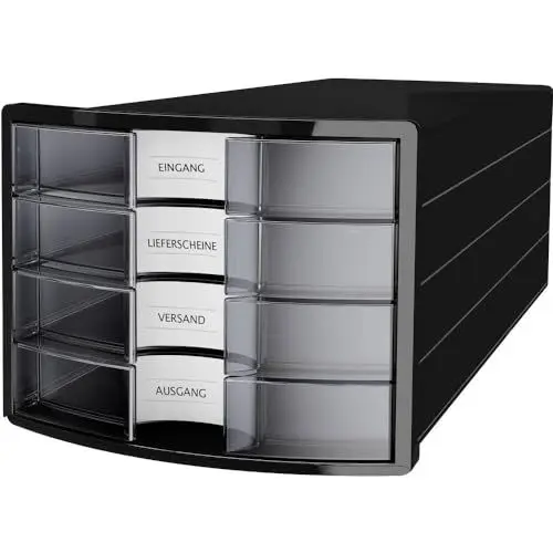 Produktbild: HAN Schubladenbox IMPULS 2.0 mit 4 geschlossenen Schubladen für DIN A4/C4 inkl. Beschriftungsschilder, Auszugsperre, möbelschonende Gummifüße, premium Qualität, 1012-363, schwarz/transluzent-klar