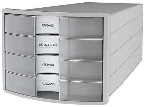 Produktbild: HAN Schubladenbox IMPULS 2.0 mit 4 geschlossenen Schubladen für DIN A4/C4 inkl. Beschriftungsschilder, Auszugsperre, möbelschonende Gummifüße, premium Qualität, 1012-63, lichtgrau/transluzent-klar