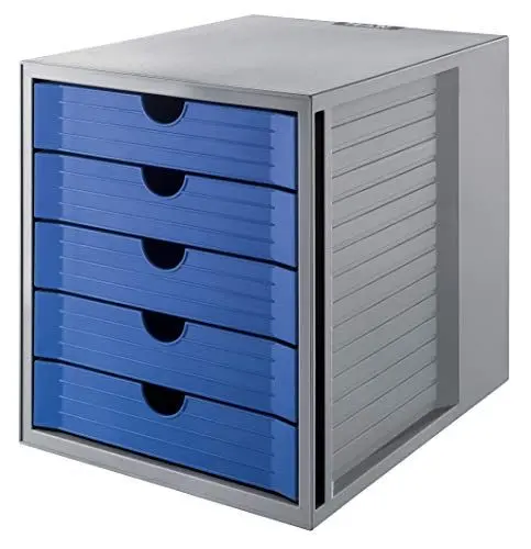 Produktbild: HAN Schubladenbox SYSTEMBOX KARMA mind. 80% Recycling-Kunststoff mit 5 geschlossenen Schubladen, Schreibtisch, Schrank, inkl. Auszugsperre + Beschriftungsclip, Gummifüße, 14508-16, lichtgrau/blau