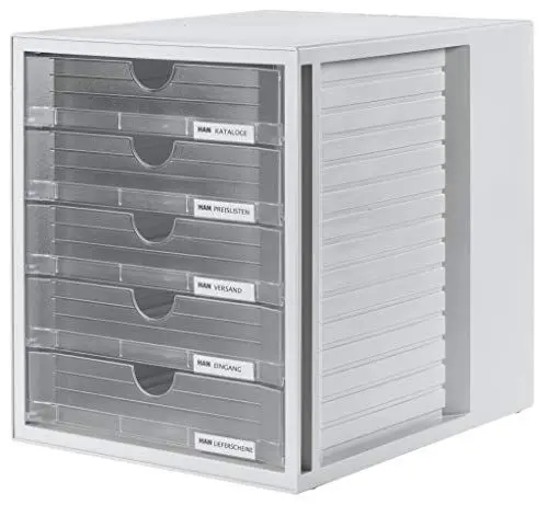 Produktbild: HAN Schubladenbox SYSTEMBOX mit 5 geschlossenen Schubladen, Schreibtisch oder im Schrank, inkl. Auszugsperre + Beschriftungsclip, möbelschonende Gummifüße, 1450-63, lichtgrau/transluzent-klar