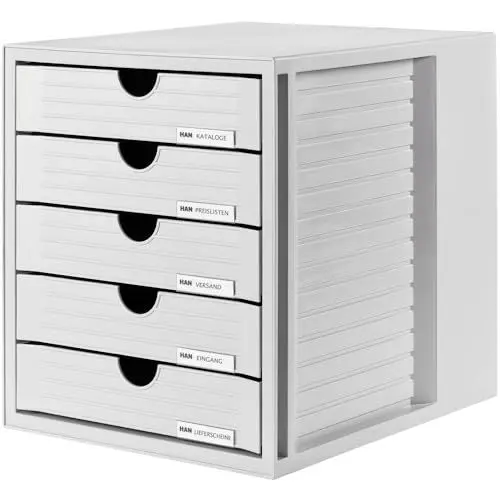 Produktbild: HAN Schubladenbox SYSTEMBOX mit 5 geschlossenen Schubladen für Unterlagen bis DIN C4, Schreibtisch oder im Schrank, inkl. Auszugsperre + Beschriftungsclip, möbelschonende Gummifüße, 1450-11, lichtgrau