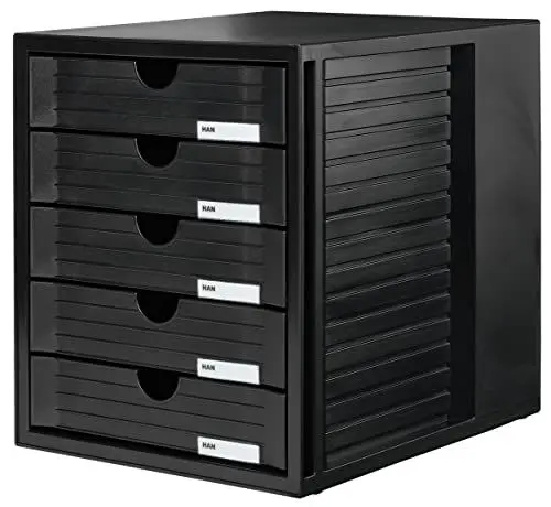 Produktbild: HAN Schubladenbox SYSTEMBOX mit 5 geschlossenen Schubladen für Unterlagen bis DIN C4, Schreibtisch oder im Schrank, inkl. Auszugsperre + Beschriftungsclip, möbelschonende Gummifüße, 1450-13, schwarz
