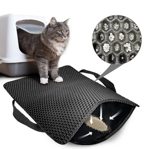 Produktbild: Hanbramo Katzenklo Matte, 61x38 CM Honeycomb Double Layer Non-Slip Katzenstreumatte, Wasserdicht und Urin Proof Katzenmatte Katzenklo für Litter Catcher -Cat Litter Mat Streu Kontrolle (Schwarz)