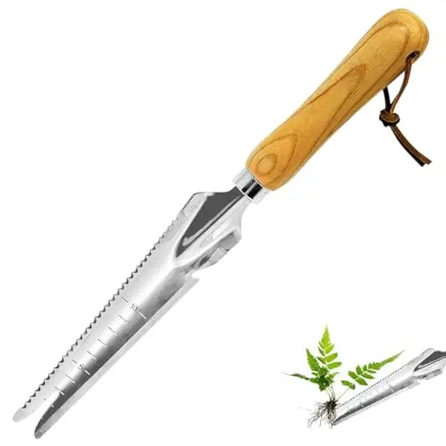 Produktbild: Hand Unkrautstecher, Löwenzahnwurzelentferner mit Messtiefenmarkierung - Neue Gartenkelle zum Umgraben, Umpflanzen, Ergonomischer Holzgriff, Edelstahl Profi-Gartenwerkzeug (Handjäter)