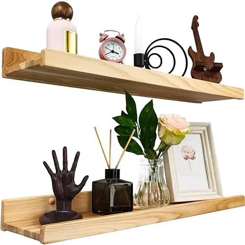 Produktbild: Handgearbeitet 2er-Set Schwebende Wandregal, Rustikale Holzregale mit Lippe, Kinderbücherregale, Bild & Fotoregal für Schlafzimmer, Wohnzimmer, Badezimmer, Küche, Büro (natürlich 60cm)