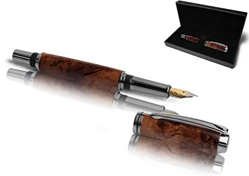Produktbild: Handgefertigter Füllfederhalter aus Echtholz | Geschenkset mit Füller aus Holz & Etui | Exklusives Business Geschenk Set für Mitarbeiter und Kunden (Weinrebe)
