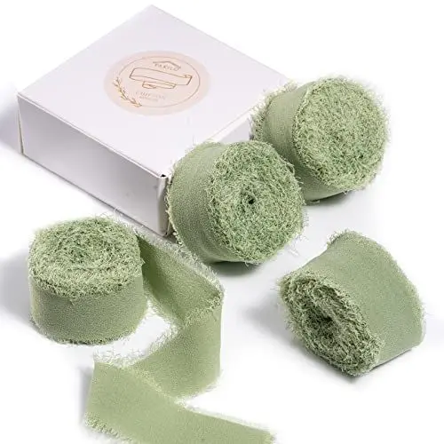 Produktbild: Handgefertigtes Fransen-Chiffonband, 4 Rollen, 2,5 cm Grün Bandset, 18 m langes Chiffon-Seidenband für Hochzeitseinladungen, Brautsträuße, Geschenkverpackungen, Heimwerkerarbeite
