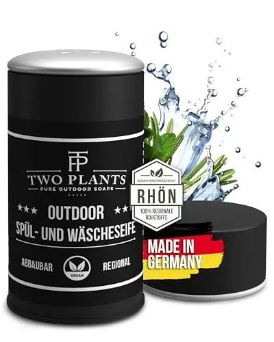 Produktbild: Outdoorseife im Streuer – 2-in-1 Spül- & Waschseife | Vegan, biologisch abbaubar & plastikfrei | Ideal für Camping, Reisen & kaltes Wasser | Handgemacht aus dem Rhön-Biosphärenreservat | TWO PLANTS