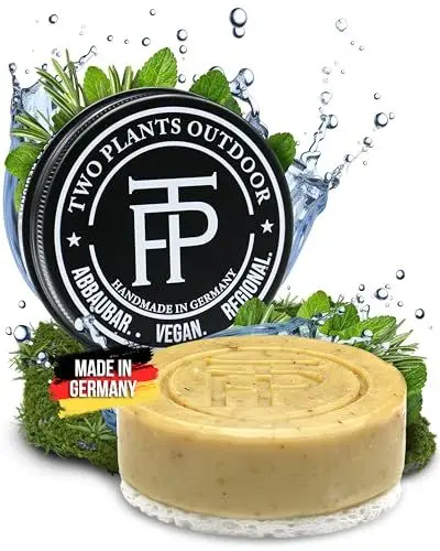 Produktbild: Handgesiedete Outdoorseife für Männer - Biologisch Abbaubar & Umweltfreundlich | Gesicht, Körper & Haare | Camping Seife Travel Soap | Inklusive Seifenbox & Seifenablage von TWO PLANTS