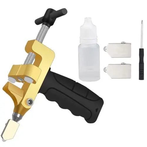 Produktbild: Hand-Glasschneider-Werkzeug, 2-in-1 Manuelles Glasfliesenschneider Handwerkzeug-Set mit 2 Wolframstahlklingen zum Schneiden von Glas, Spiegel, Keramikfliesen, glasierte Fliesen