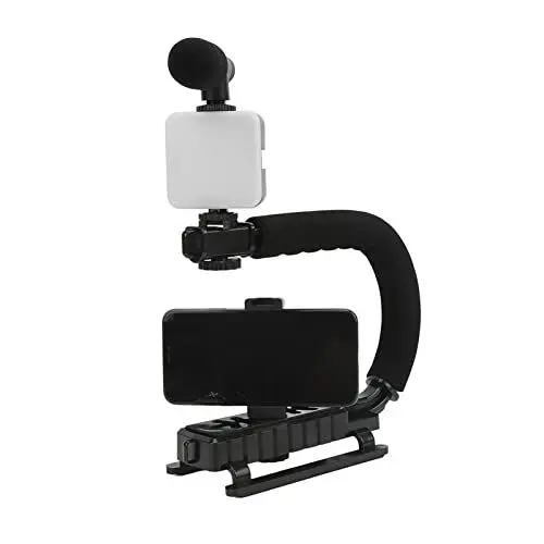 Produktbild: Handheld-U-Griff-Stabilisator, DSLR-Stabilisator, Handheld-Video-Action-Stabilisierung, Professioneller Vlogging-Stabilisierungsgriff für Smartphones, Kameras, mit Mikrofon-LED-Fülllicht, Blitzschuhha