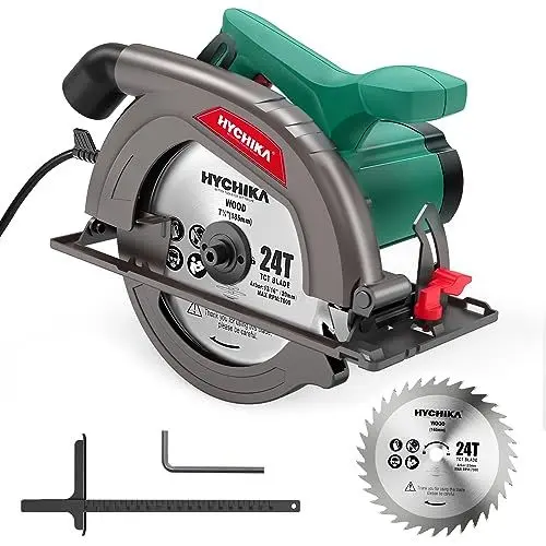 Produktbild: HYCHIKA Handkreissäge, 1300W 4500RPM Kreissäge 185mm, Leistungsstarker Motor, Schnitttiefe 65mm (90º), 45mm (45º), führungsschiene, Staubabsaugung, zum Schneiden von Holz/Kunststoff