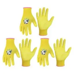 Produktbild: HANDLANDY 3 Paar Kinder Gartenhandschuhe für Alter 2-13, Kleinkind Kinder Garten Arbeit im Freien spielen Handschuhe, Gummi-Beschichtung, für Mädchen Jungen (Gelb, Größe 2)
