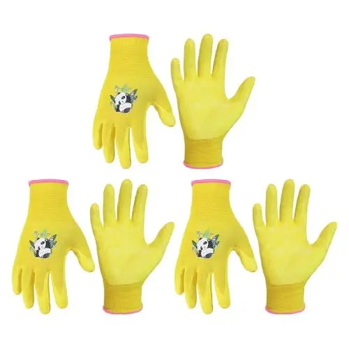 Produktbild: HANDLANDY 3 Paar Kinder Gartenhandschuhe für Alter 2-13, Kleinkind Kinder Garten Arbeit im Freien spielen Handschuhe, Gummi-Beschichtung, für Mädchen Jungen (Gelb, Größe 2)