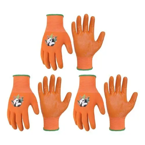 Produktbild: HANDLANDY 3 Paar Kinder Gartenhandschuhe für Alter 2-13, Kleinkind Kinder Garten Arbeit im Freien spielen Handschuhe, Gummi-Beschichtung, für Mädchen Jungen (Orange, Größe 4)