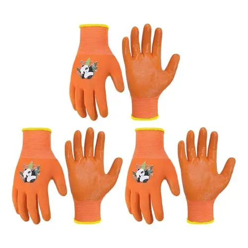 Produktbild: HANDLANDY 3 Paar Kinder Gartenhandschuhe für Kinder im Alter von 2–13 Jahren, gummierte Gartenhandschuhe für kleine Mädchen, Jungen, Jugendliche (Orange, Größe 5)