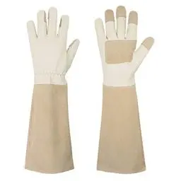 Produktbild: HANDLANDY Lange Gartenhandschuhe für Männer und Frauen, Schweinsleder, Rosen-Handschuhe, atmungsaktiv und langlebig, mit dornsicheren Stulpen (M, Beige)