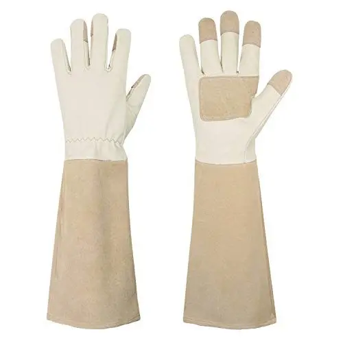 Produktbild: HANDLANDY Lange Gartenhandschuhe für Männer und Frauen, Schweinsleder, Rosen-Handschuhe, atmungsaktiv und langlebig, mit dornsicheren Stulpen (M, Beige)