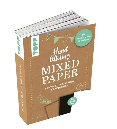 Produktbild: Handlettering Mixed Paper Block - Schwarz, Weiß, Kraftpapier - A6: 75 Feste Papiere zum Lettern (DIN A6, 220 g/m²), je 25x Weiß, Schwarz und Kraftpapier, mit Handlettering-Grundkurs und Inspirationen