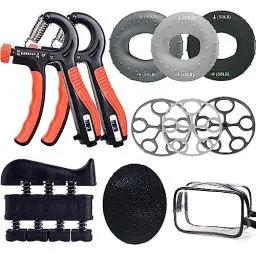 Produktbild: Handtrainer-Set, 10er-Pack, Fingertrainer, Grifftrainer im Paar mit Zähler, Fingerstrecker, Handgriffverstärker, Entspannungsball, Aufbewahrungstasche, Trainingsset für Fitness-Kraft