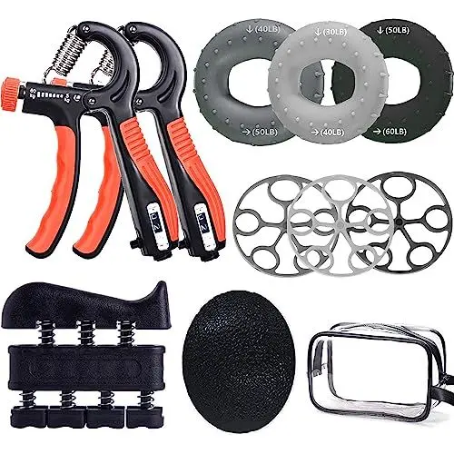 Produktbild: Handtrainer-Set, 10er-Pack, Fingertrainer, Grifftrainer im Paar mit Zähler, Fingerstrecker, Handgriffverstärker, Entspannungsball, Aufbewahrungstasche, Trainingsset für Fitness-Kraft