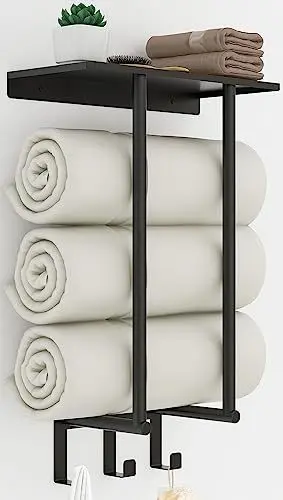 Produktbild: Handtuchregal Badezimmer, Bethom Handtuchhalter mit Ablage und 3 Haken, 50cm Handtuchhalter Wand Schwarz, Metall Handtuch Aufbewahrung Bad Handtuchablage für Kleines Badezimmer